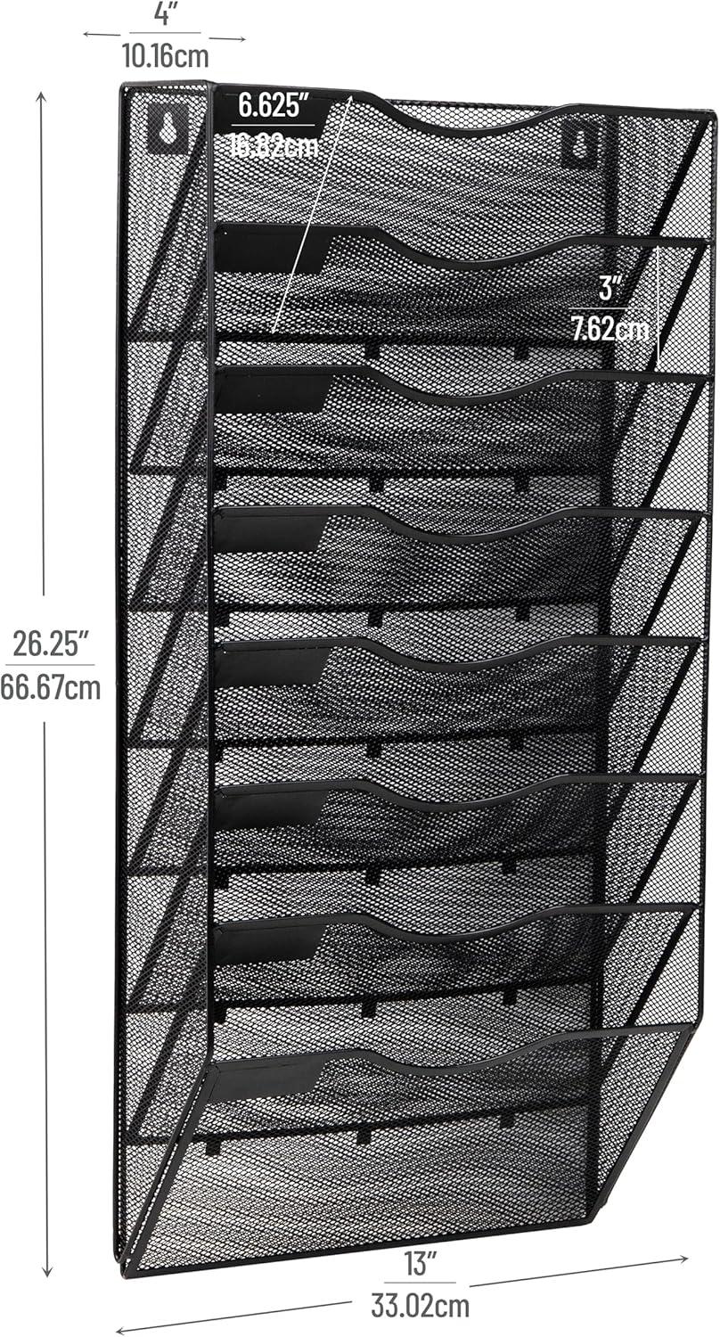imageMind Reader Wall File Organizer 8 Pocket Hanging Document Rack Office Wall Mount Metal Mesh BlackBlack