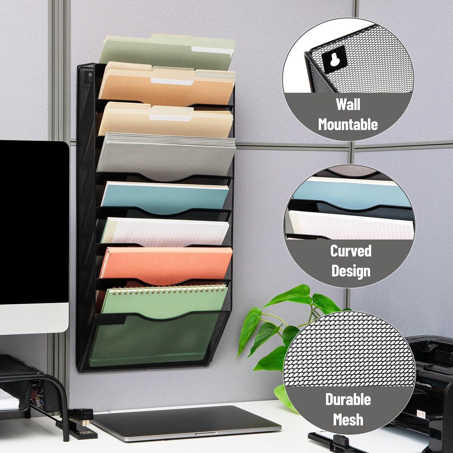 imageMind Reader Wall File Organizer 8 Pocket Hanging Document Rack Office Wall Mount Metal Mesh BlackBlack