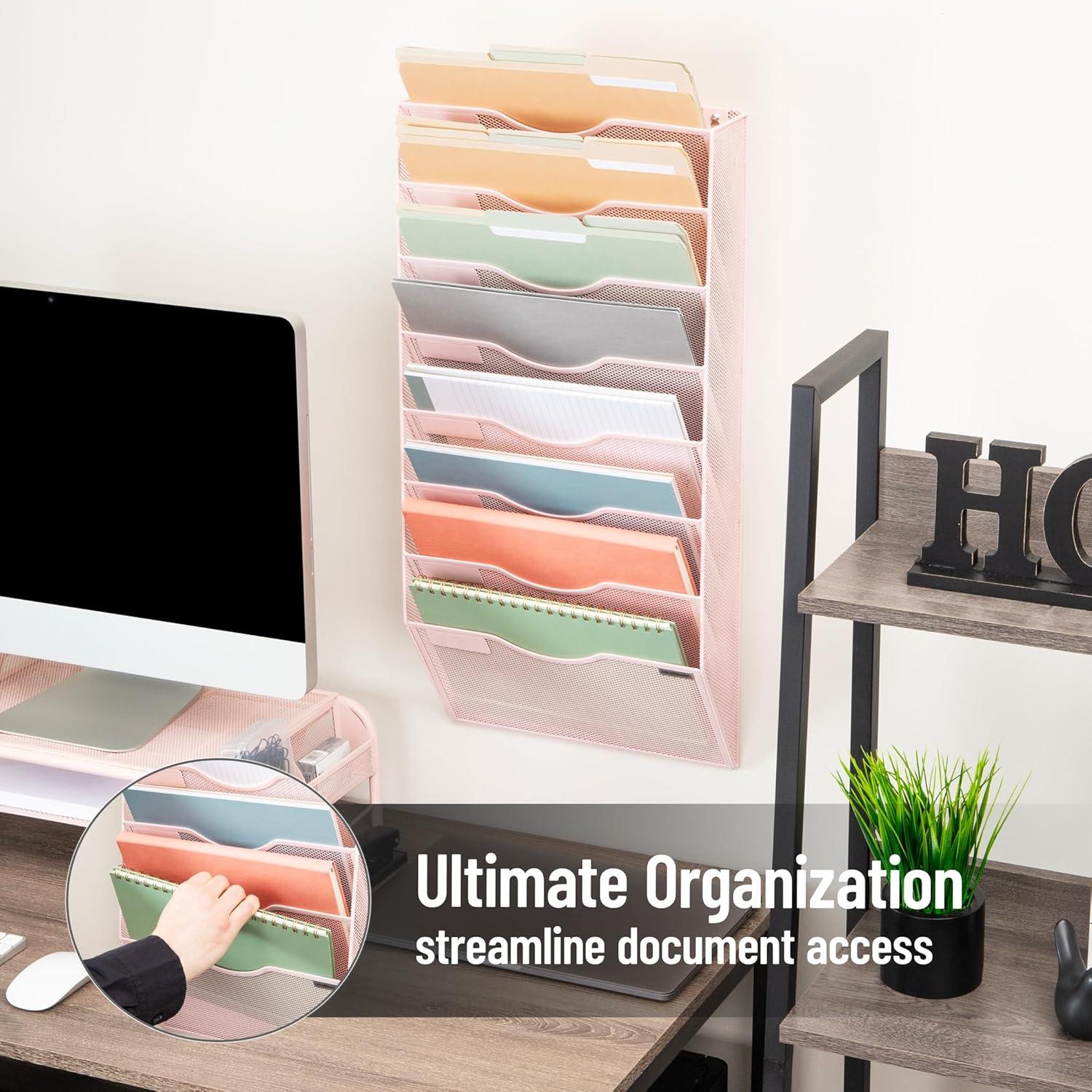 imageMind Reader Wall File Organizer 8 Pocket Hanging Document Rack Office Wall Mount Metal Mesh BlackPink