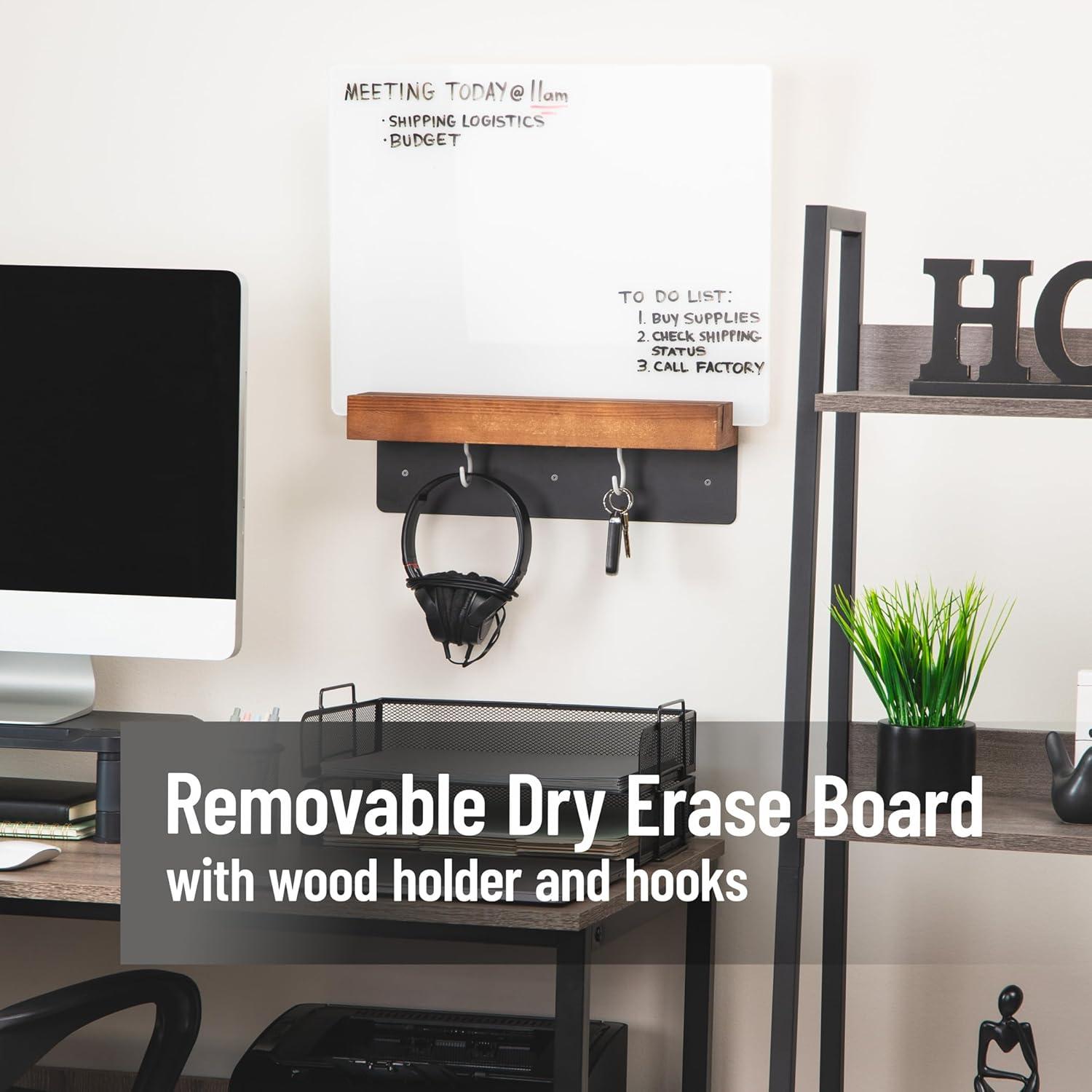 imageMind Reader Whiteboard Message Center Glass Dry Erase Board with Wood Holder and Hooks Removable Whiteboard for Office or Home Wall Mounted 18 x 14