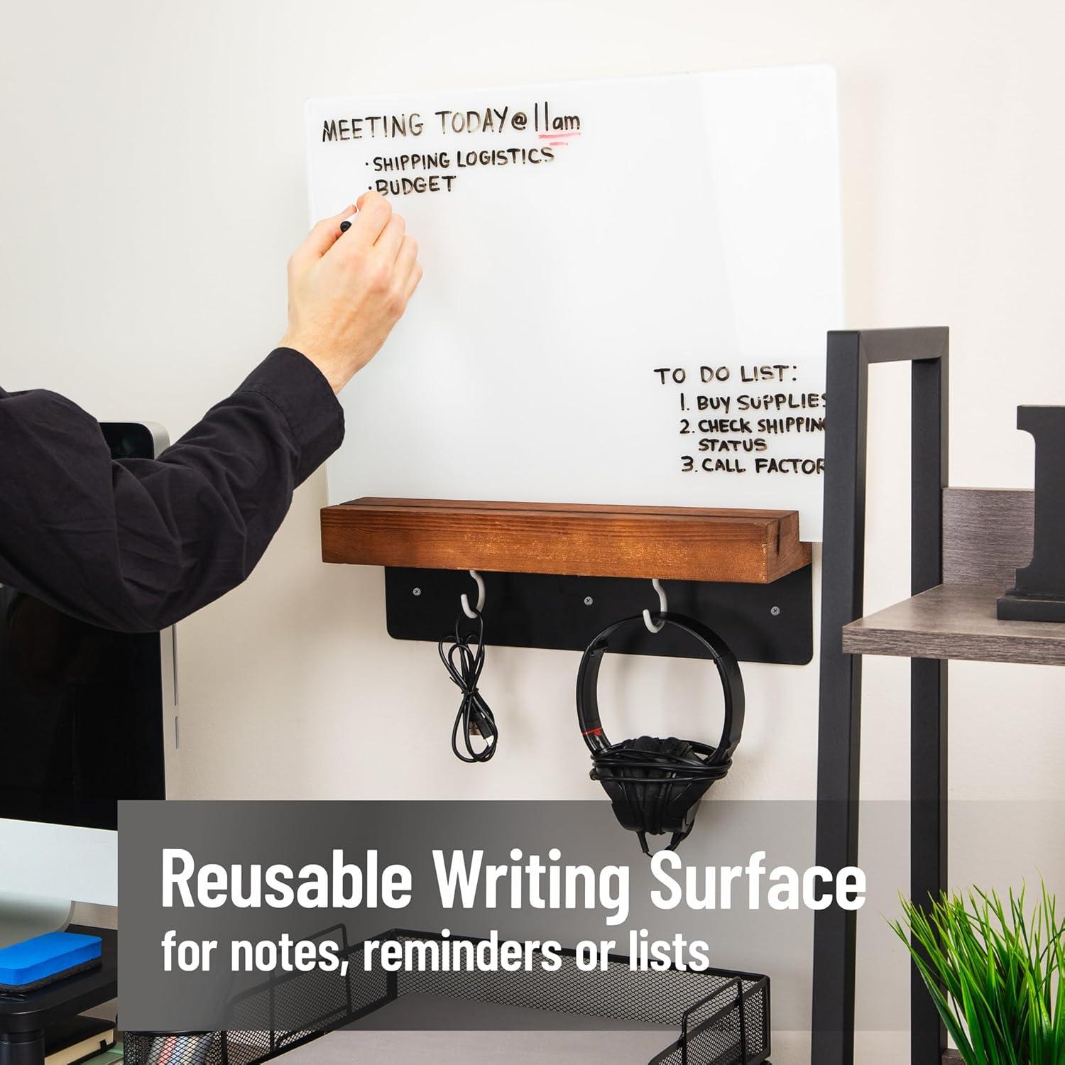 imageMind Reader Whiteboard Message Center Glass Dry Erase Board with Wood Holder and Hooks Removable Whiteboard for Office or Home Wall Mounted 18 x 14
