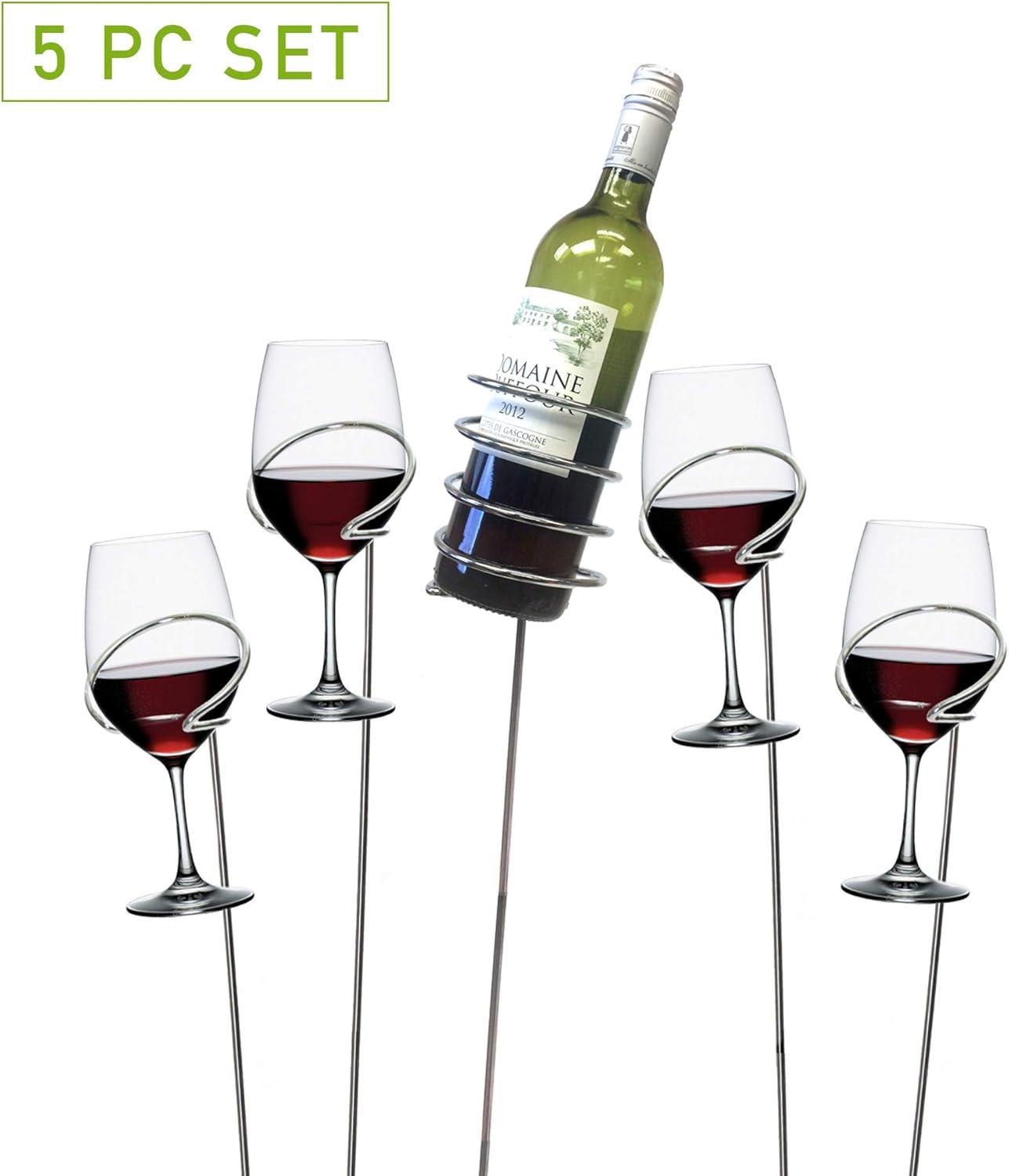 imageMind Reader Wine Glass and Bottle Stakes Vacation Essentials Beach Wine Holder Metal 35L x 35W x 19H 5 Pcs SilverSilver Bottle Glass Holder
