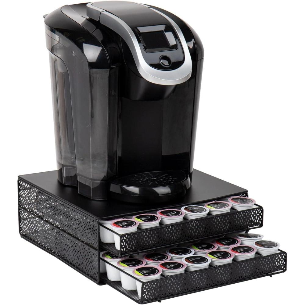 imageMind Reader 2 Drawer Coffee Pod Organizer with Removable Dividers 72 Pod Capacity Metal Mesh Coffee Station Base with Guided Drawer Track BlackSquare 72 Capacity