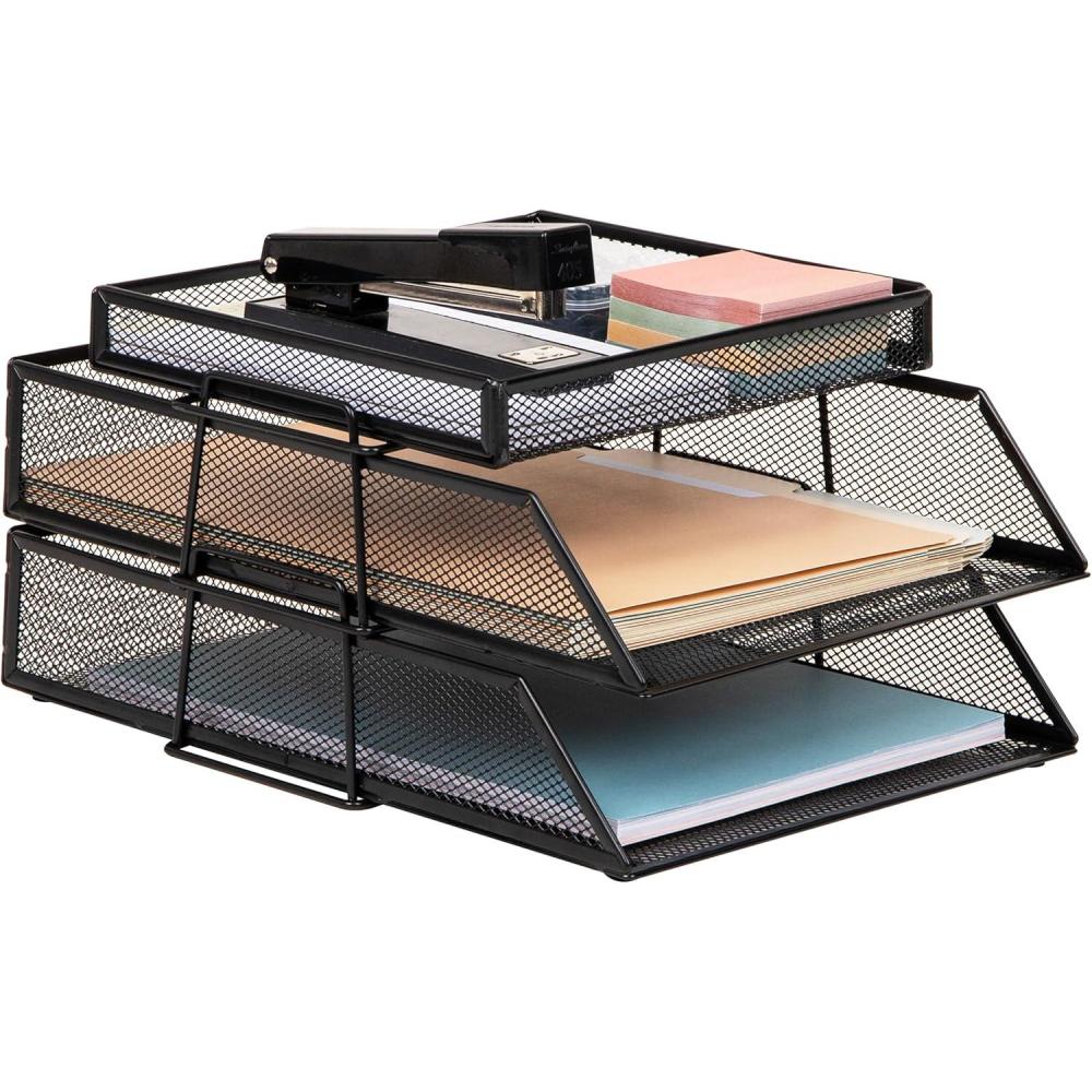 imageMind Reader 2 Tier Paper Tray with Top Supply Compartment Desktop File Organizer Metal Mesh PinkBlack