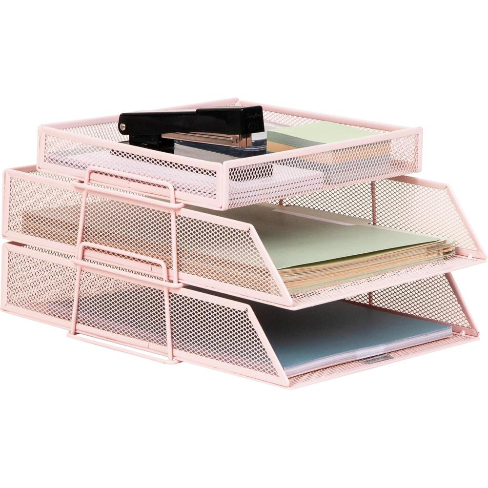 imageMind Reader 2 Tier Paper Tray with Top Supply Compartment Desktop File Organizer Metal Mesh PinkPink