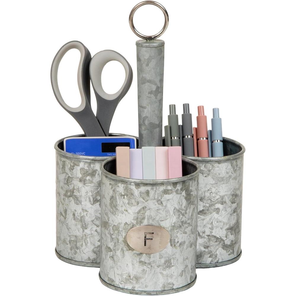 imageMind Reader 3Compartment Organizer with Handle MultiUse Storage Caddy Galvanized Metal 7L x 7W x 10H SilverBlack