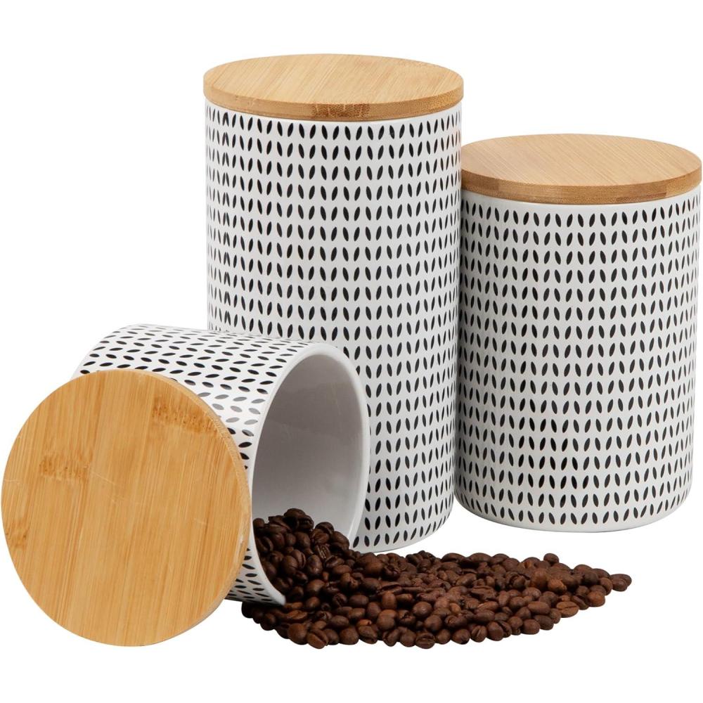 imageMind Reader 3Piece Canister Set Sugar Container Coffee Storage Lids Kitchen Ceramic 4L x 4W x 7H Black and WhiteSmall
