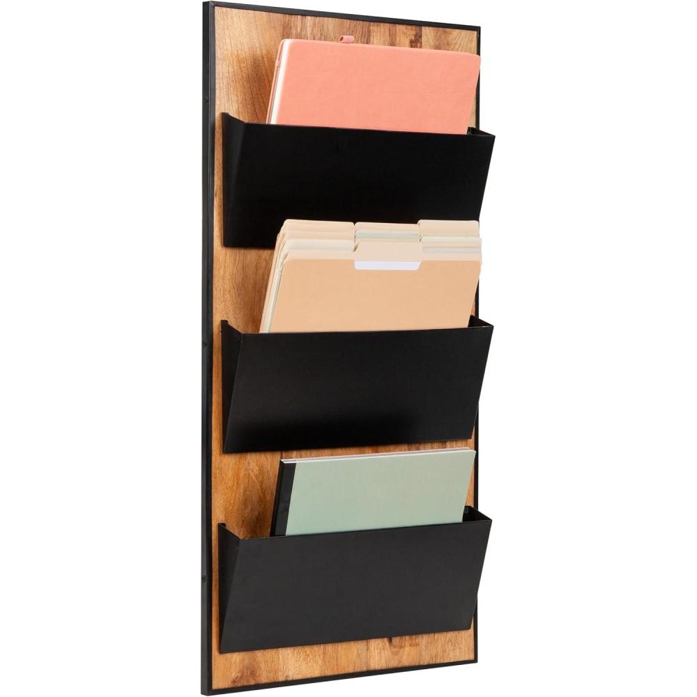 imageMind Reader 3Tier WallMounted File Organizer Wood and Metal Vertical Rack for Mail Magazines and Documents BlackBlack