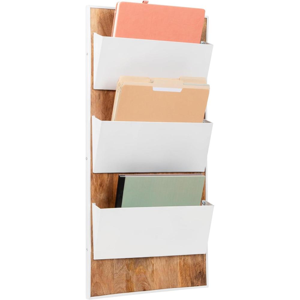 imageMind Reader 3Tier WallMounted File Organizer Wood and Metal Vertical Rack for Mail Magazines and Documents BlackWhite