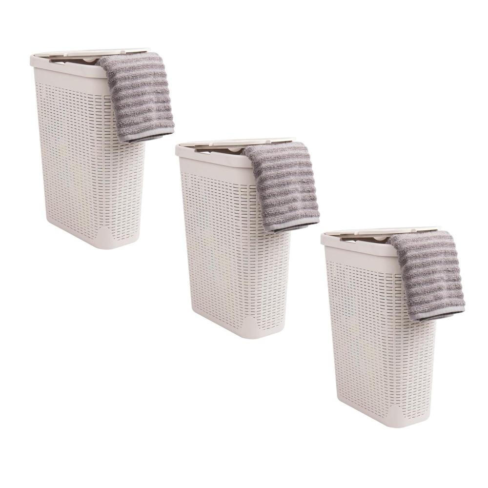 imageMind Reader 40L Slim Laundry Hamper Clothes Basket Lid Premium Wicker Design Plastic Set of 3 IvoryIvory