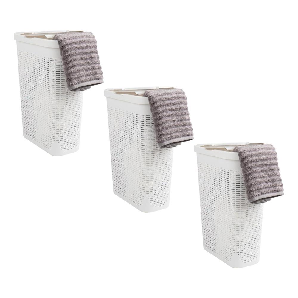 imageMind Reader 40L Slim Laundry Hamper Clothes Basket Lid Premium Wicker Design Plastic Set of 3 IvoryWhite