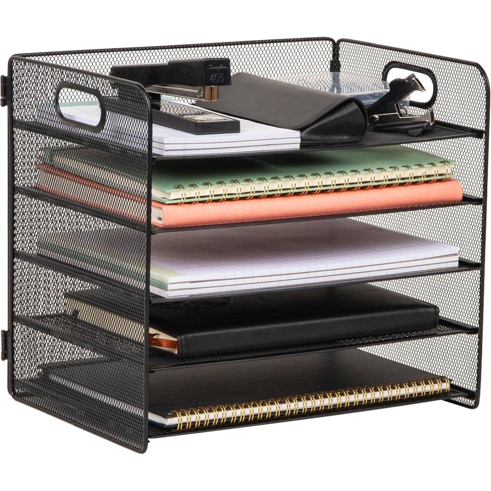 imageMind Reader 5 Tier Paper Tray Desktop Organizer Removable Shelves CutOut Handles ToolFree Assembly Metal Mesh Black