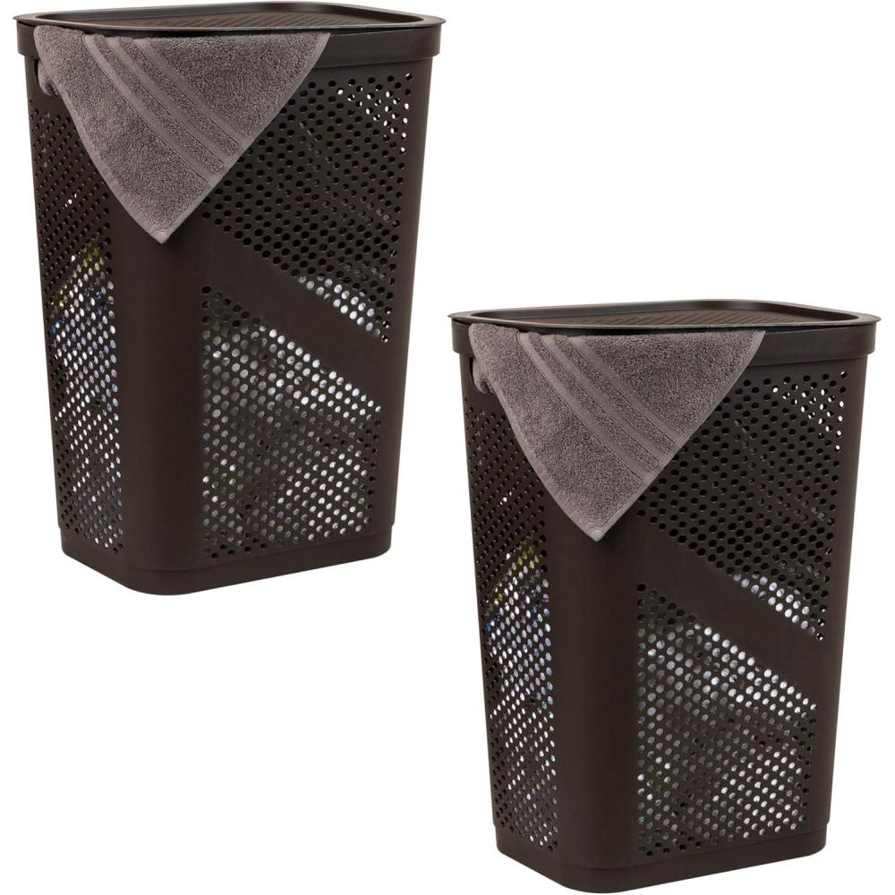 imageMind Reader 60L Slim Laundry Hamper Clothes Basket Lid Ventilated Plastic 1725L x 1375W x 235H Set of 2 Brown