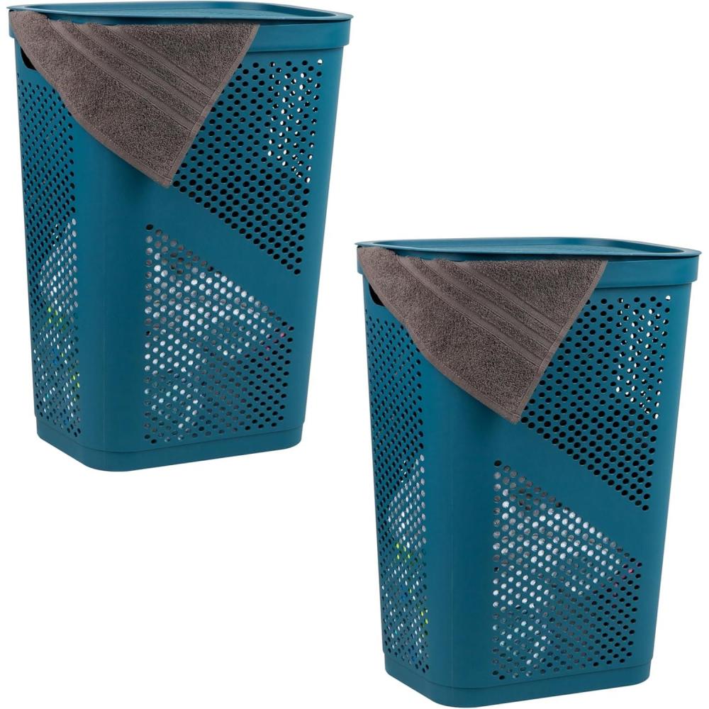 imageMind Reader 60L Slim Laundry Hamper Clothes Basket Lid Ventilated Plastic Set of 2 BlackBlue