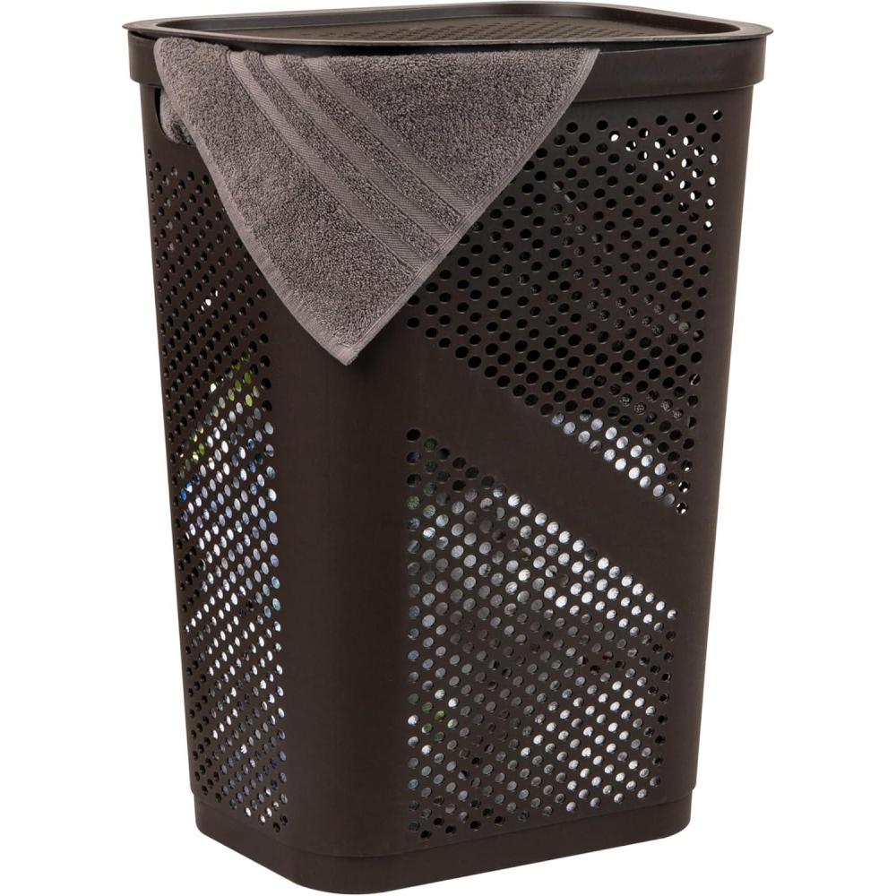 imageMind Reader 60L Slim Laundry Hamper Clothes Basket Lid Ventilated Plastic Set of 2 BlackBrown