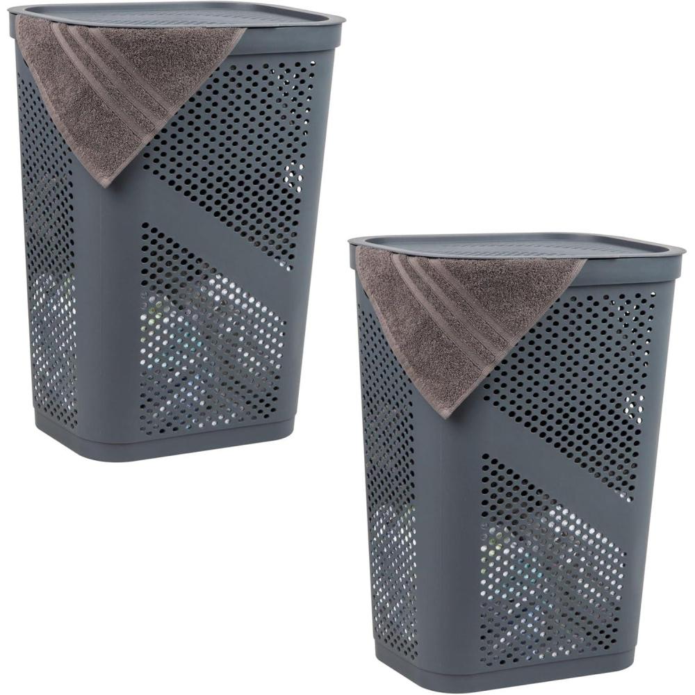 imageMind Reader 60L Slim Laundry Hamper Clothes Basket Lid Ventilated Plastic Set of 2 BlackGray