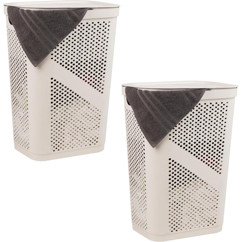 imageMind Reader 60L Slim Laundry Hamper Clothes Basket Lid Ventilated Plastic Set of 2 BlackIvory