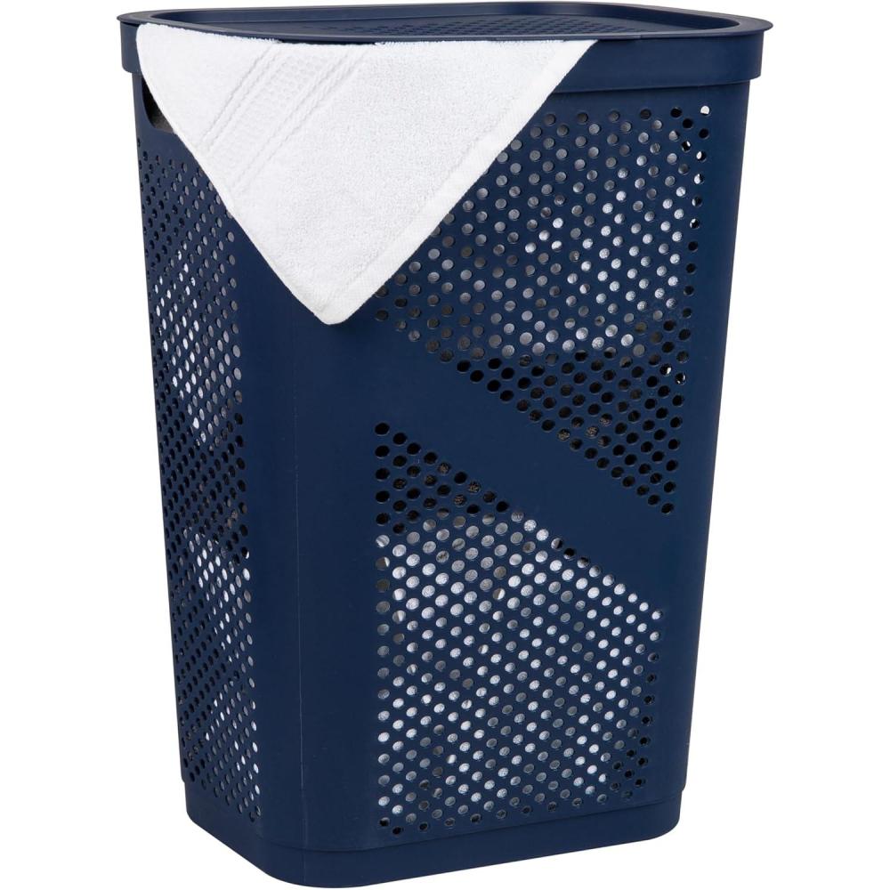 imageMind Reader 60L Slim Laundry Hamper Clothes Basket Lid Ventilated Plastic Set of 2 BlackNavy