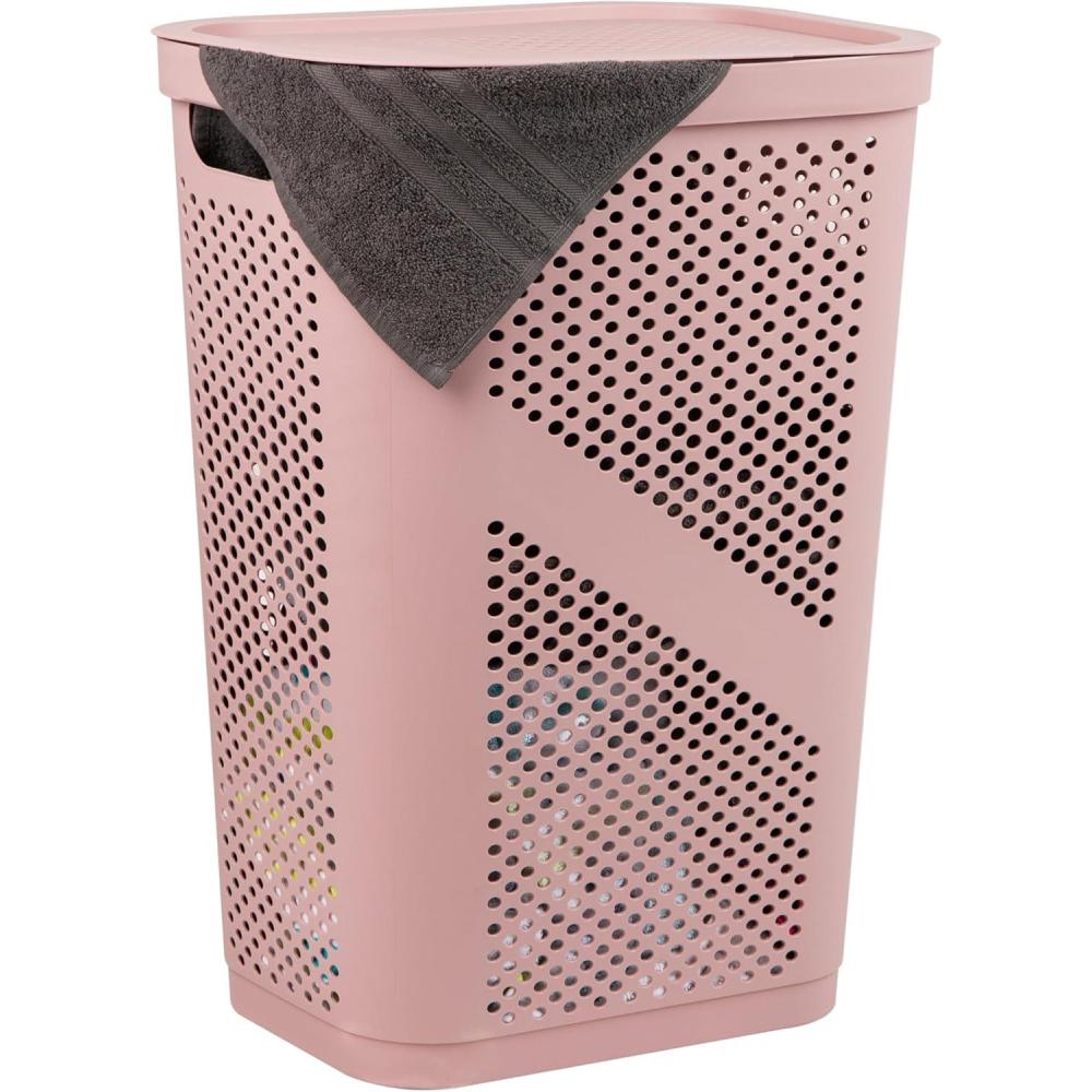 imageMind Reader 60L Slim Laundry Hamper Clothes Basket Lid Ventilated Plastic Set of 2 BlackPink