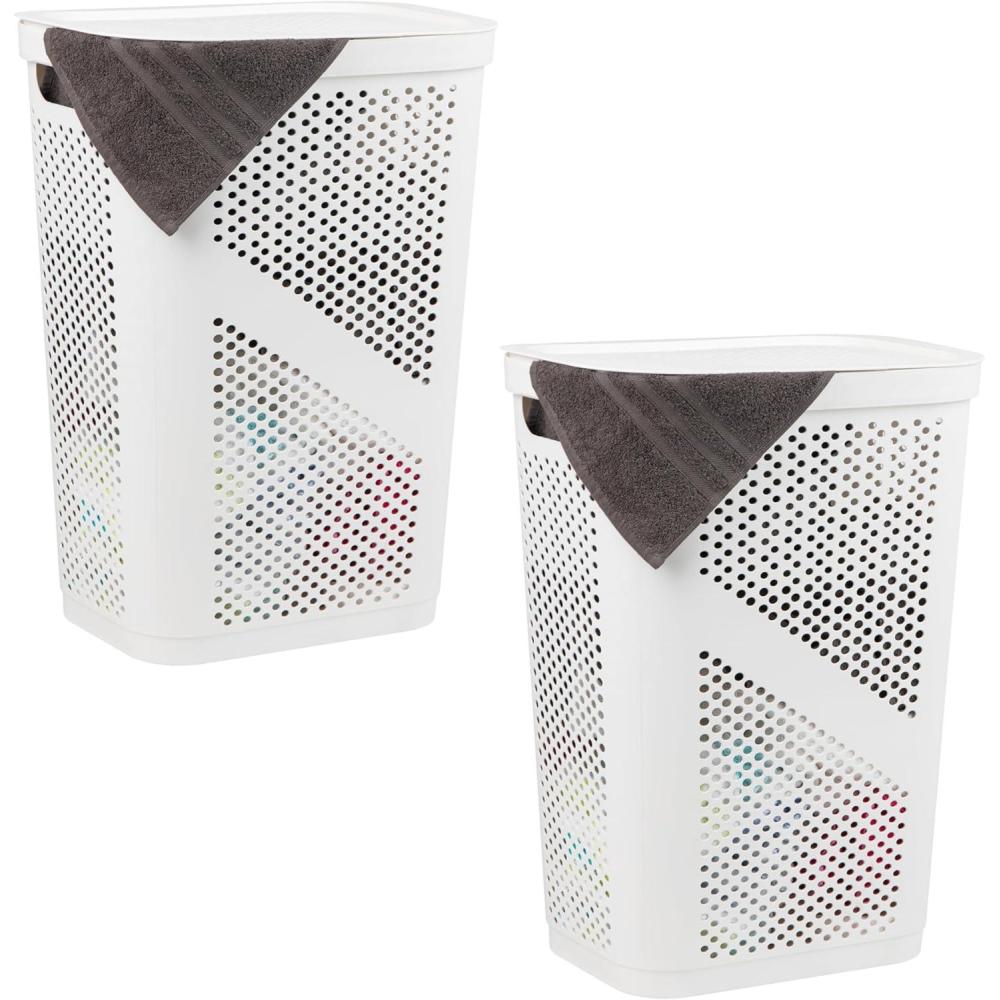 imageMind Reader 60L Slim Laundry Hamper Clothes Basket Lid Ventilated Plastic Set of 2 BlackWhite