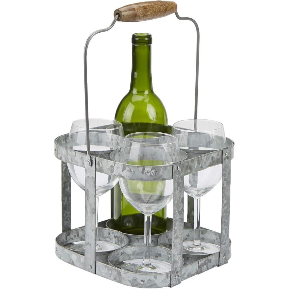 imageMind Reader 6Bottle Wine Bottle and Glass Caddy Stemware Holder Outdoor Galvanized Metal 12 L x 775 W x 625 H Silver4 Compartment