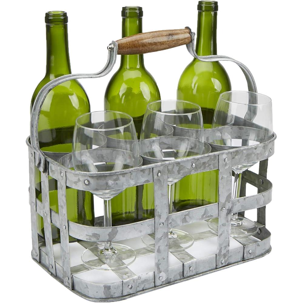 imageMind Reader 6Bottle Wine Bottle and Glass Caddy Stemware Holder Outdoor Galvanized Metal 12 L x 775 W x 625 H Silver6 Compartment