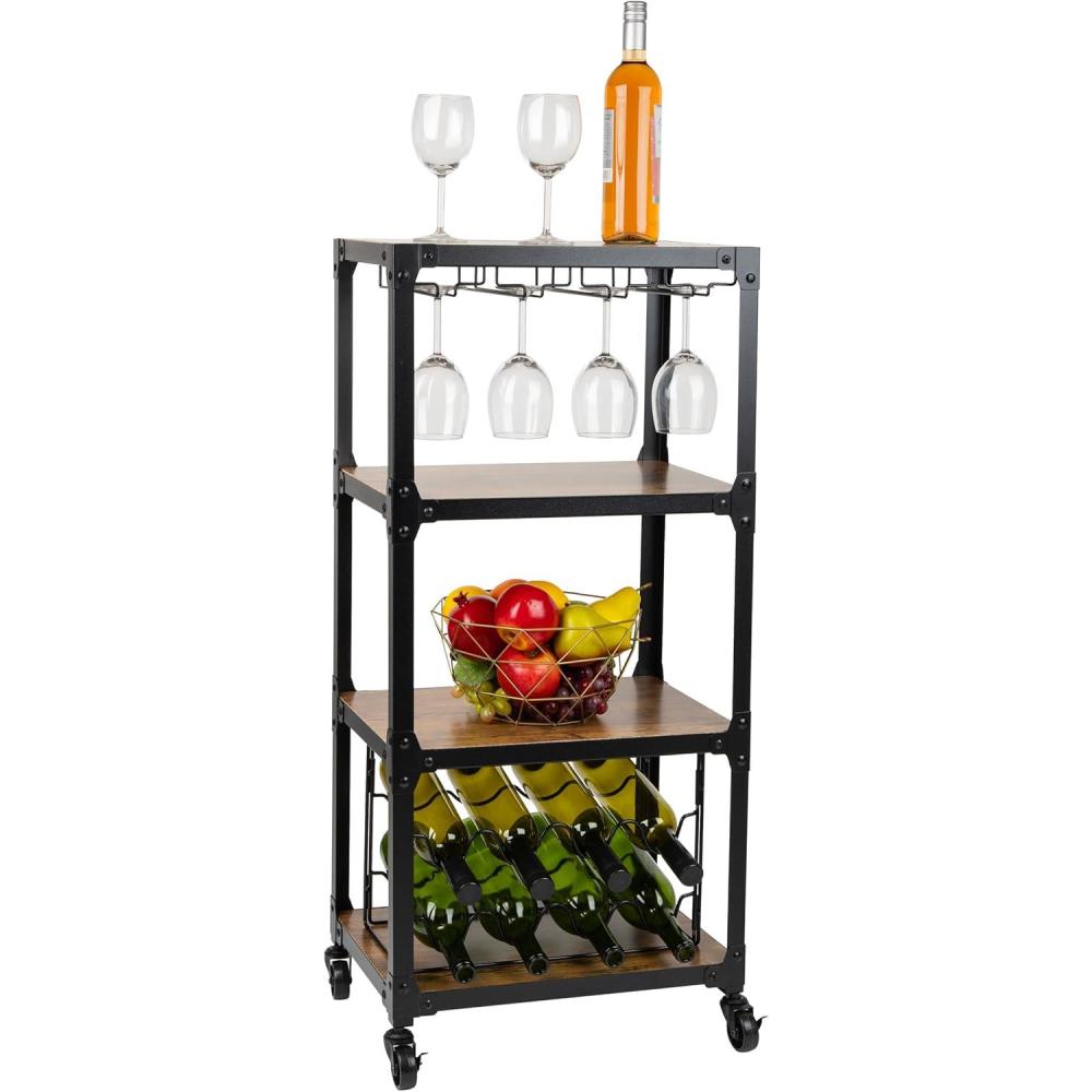 imageMind Reader Bar Cart Wine Rack Kitchen Storage Rolling Utility Cart Storage Wood Metal 1785L x 12W x 39H Brown