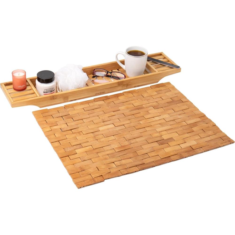 imageMind Reader Bathtub Tray and Bath Mat Set Bathroom Accessories Rayon from Bamboo 275 L x 575 W x 175 H 2 pcs Brown