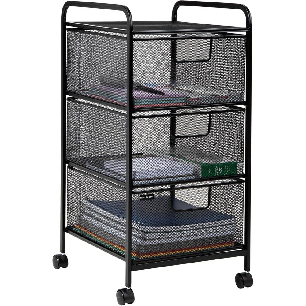 imageMind Reader Cart with Drawers Multipurpose Office Organizer Utility Cart Rolling Storage Metal Mesh Black3Drawers