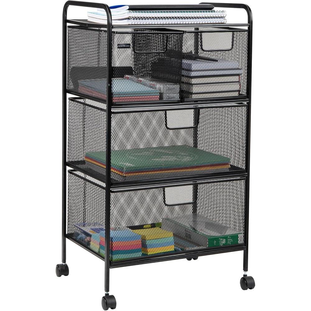 imageMind Reader Cart with Drawers Multipurpose Office Organizer Utility Cart Rolling Storage Metal Mesh Black4Drawers
