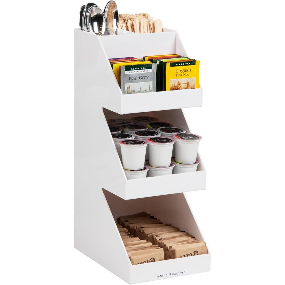 imageMind Reader Coffee Tea Utensil and Condiment Station Countertop Organizer Coffee Bar Kitchen 6L x 9W x 16H White