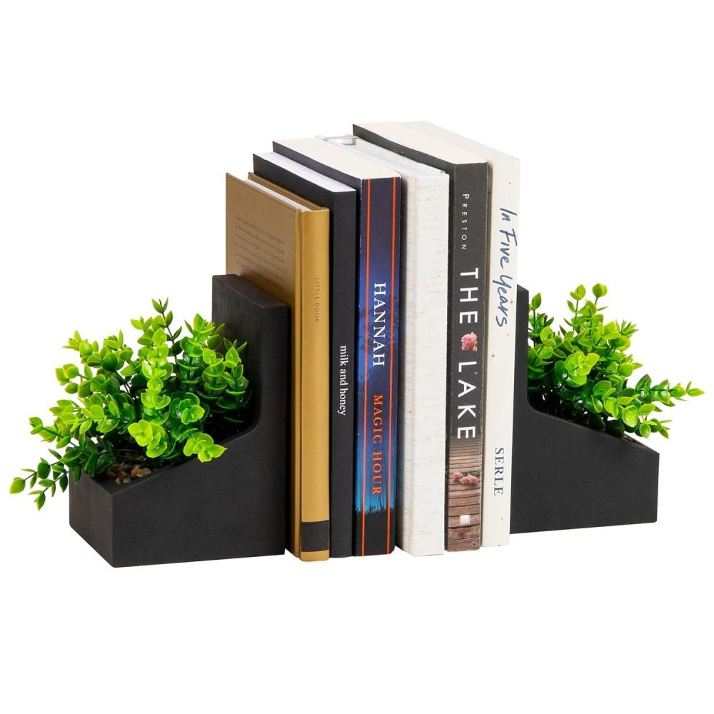 imageMind Reader Contemporary Planter Bookends Book Holders with Faux Greenery Decorative Desktop or Shelf Organizer Cement Set of 2 Black