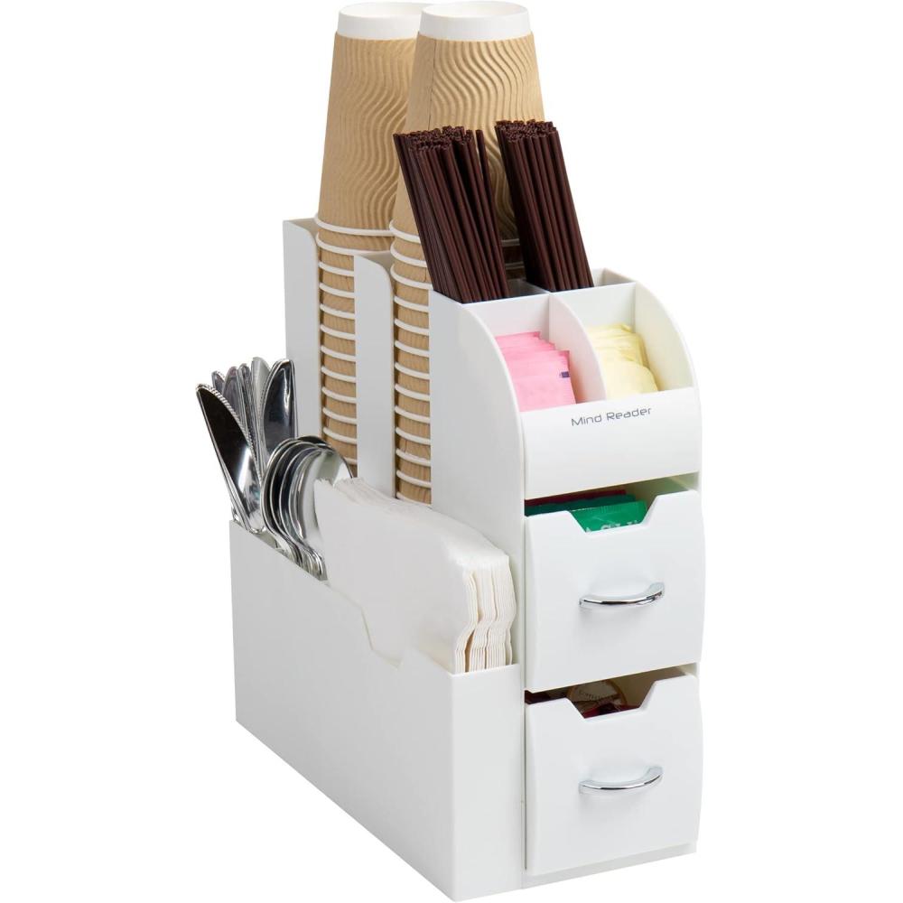 imageMind Reader Cup and Condiment Station Countertop Organizer Coffee Bar Kitchen Stirrers 5375L x 12W x 1125H White