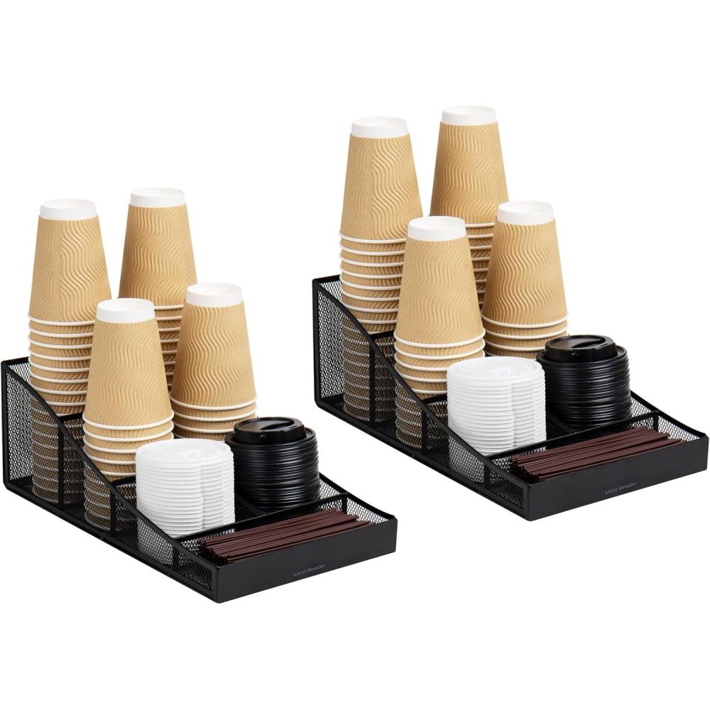 imageMind Reader Cup and Condiment Station Set of 2 Countertop Organizer Coffee Bar Metal Mesh 85L x 145W x 525H Black