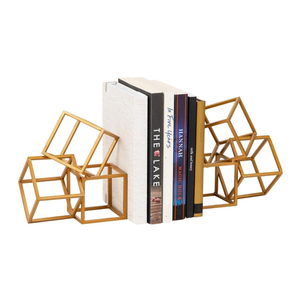imageMind Reader Decorative Geometric Cube Bookends Modern Book Holders Office Decor Metal Set of 2 Gold