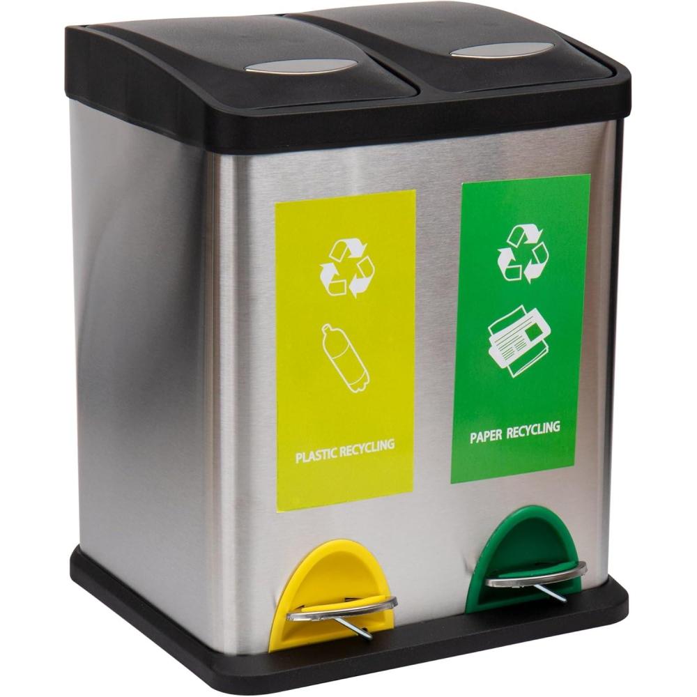 imageMind Reader Dual Recycling Bin Kitchen Trash Can Garbage Bin Lid Stainless Steel 18 L x 105 W x 155 H Silver