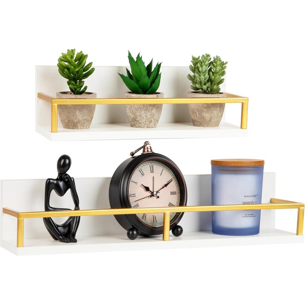 imageMind Reader Floating Shelves WallMounted Office Organizers Modern MDF Display Storage with Metal Rail Metal MDF Set of 2 WhiteFloating Shelves
