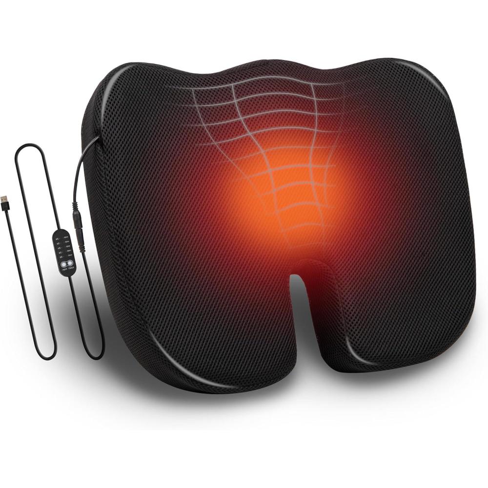 imageMind Reader Heated Memory Foam Seat Cushion AirCloud Technology Coccyx amp Hip Pain Relief with 4 Heat Settings Timer amp Auto ShutOff Black