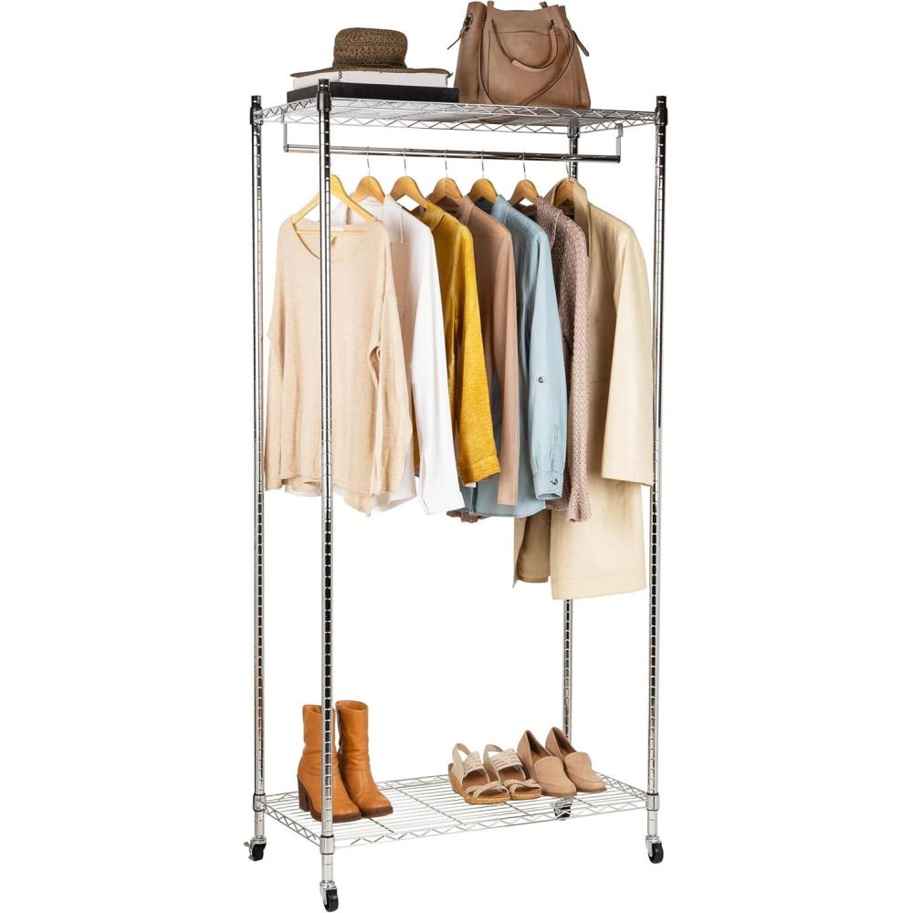 imageMind Reader Heavy Duty Rolling Garment Rack with Adjustable Bar Double Shelves amp Locking Wheels Chrome Steel Clothing Organizer Chrome