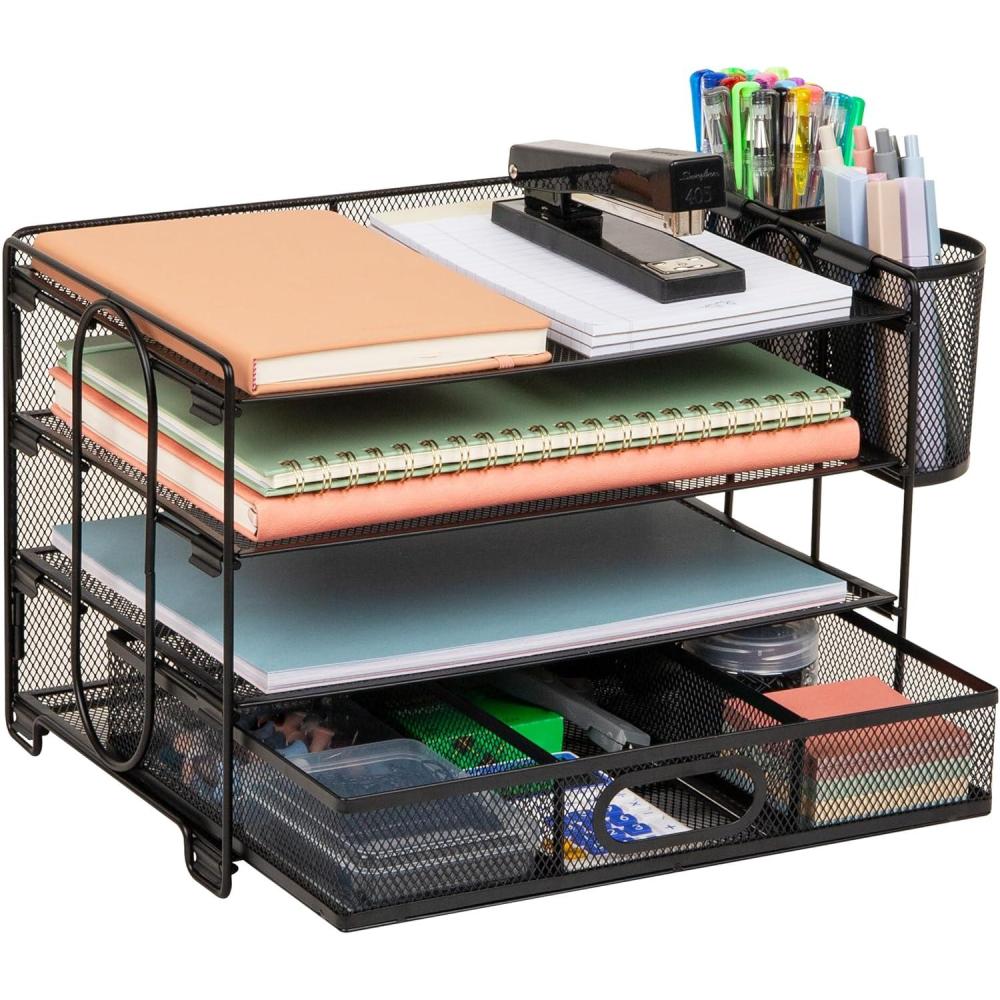 imageMind Reader Mesh Desk Organizer 3 Trays 1 Drawer 2 Pen Holders Office Desktop Organizer Metal Mesh BlackBlack