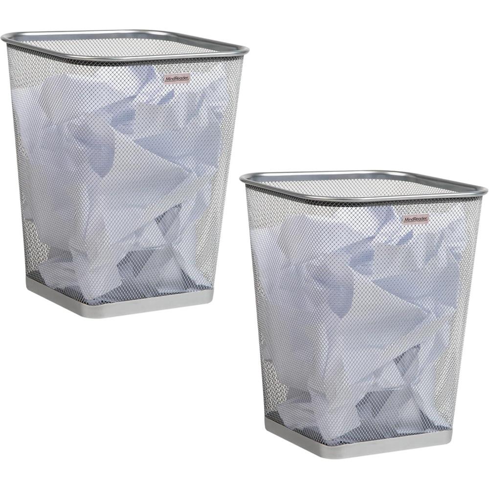 imageMind Reader Mesh Trash Can Waste Paper Basket Square Office Metal Mesh 975L x 975W x 1225H Set of 2 BlackSilver