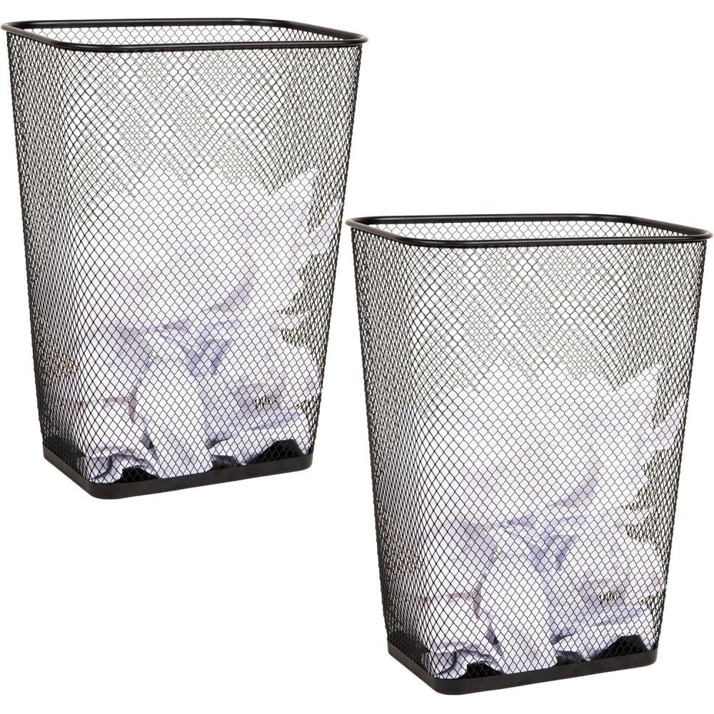 imageMind Reader Metal Mesh Waste Paper Bins Solid Bottom Non Slip Pads Office and Home Set of 2 Black