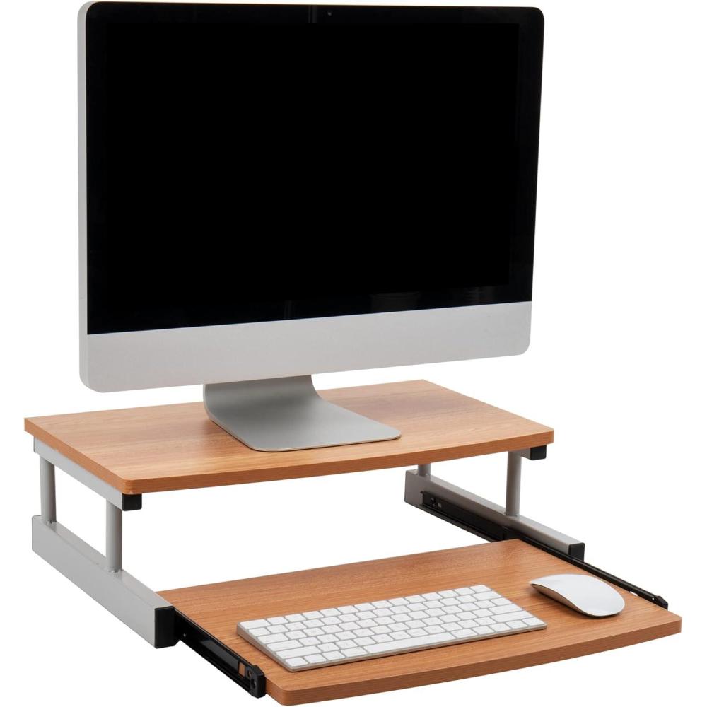 imageMind Reader Monitor Stand Sliding Keyboard Drawer Laptop Riser Office WoodMetal 20L x 1475W x 59H Brown Silver