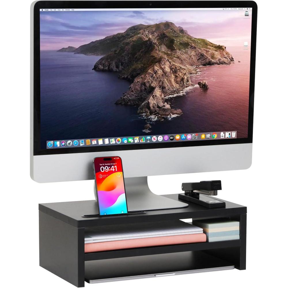 imageMind Reader Monitor Stand with Phone Slot and Storage Shelf Desktop Riser 88 lb Capacity MDF Wood Black