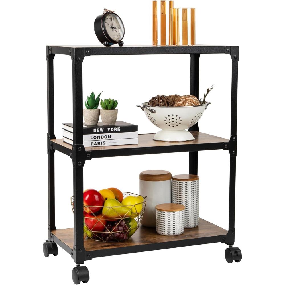 imageMind Reader Multipurpose Rolling Cart with 3 Tiers Mobile Office Storage Organizer Metal MDF Brown3 Tier