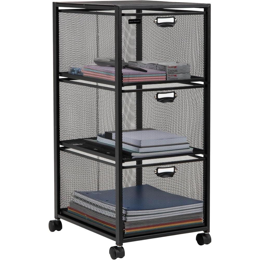 imageMind Reader Office Storage Organizer with Mesh Drawers Label Holders and Optional Wheels Metal Mesh Black3Drawers