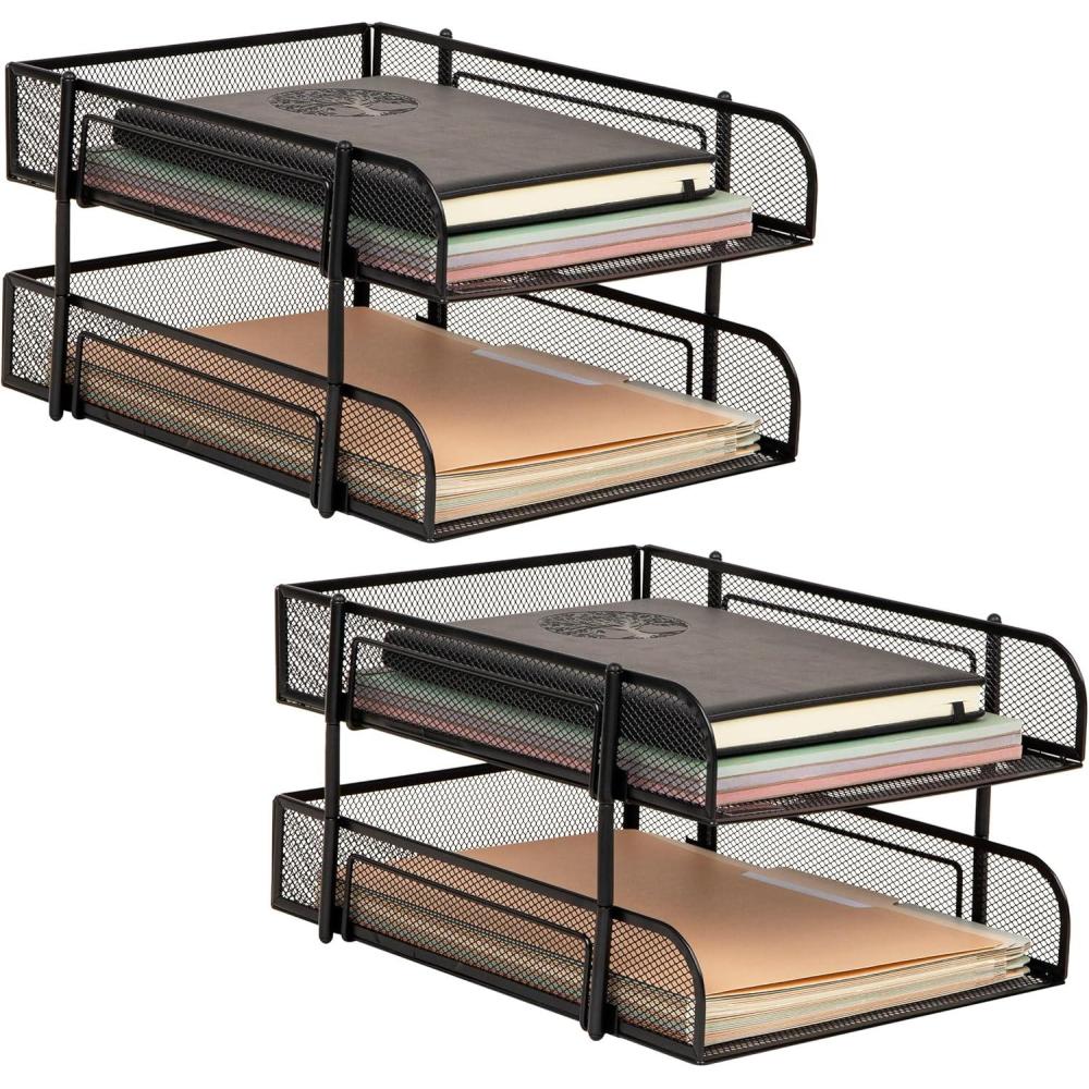 imageMind Reader Paper Tray Desk Organizer Stackable Storage Office Metal Mesh 105 L x 1325 W x 75 H Set of 2 Black2Pack