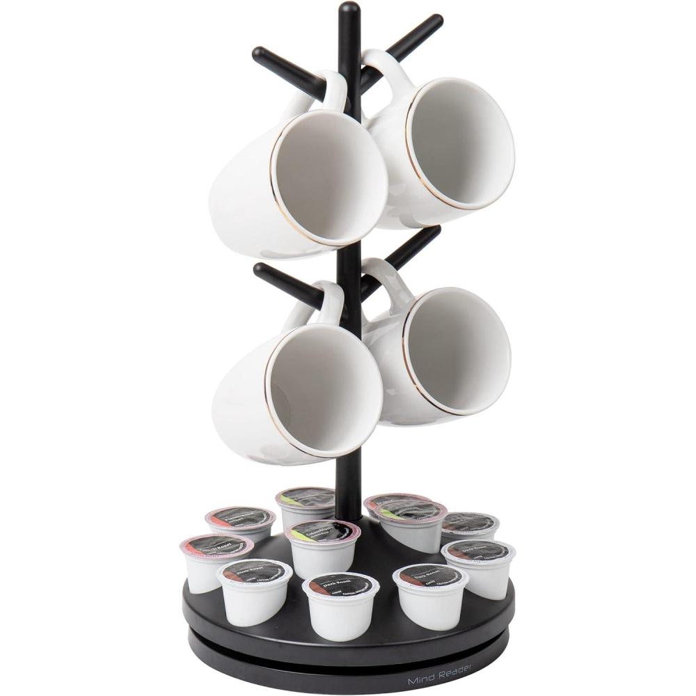 imageMind Reader Single Serve Coffee Pod Organizer amp Mug Tree 12 pod and 4 Mug Capacity Countertop 9L x 9W x 1775H BlackBlack