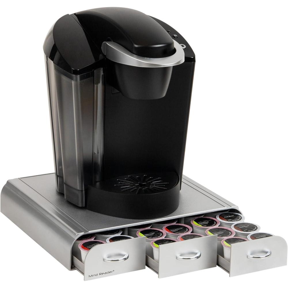 imageMind Reader Single Serve Coffee Pod Organizer with 3 Drawers 36 Pod Capacity Countertop 135L x 1225W x 25H BrownSilver