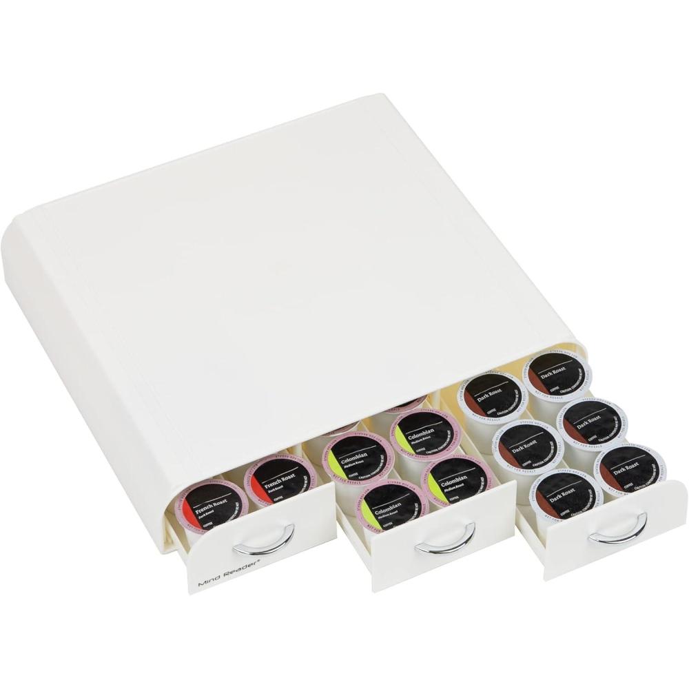 imageMind Reader Single Serve Coffee Pod Organizer with 3 Drawers 36 Pod Capacity Countertop 135L x 1225W x 25H RedWhite